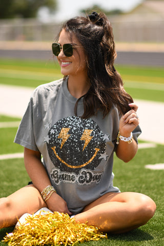 Game Day Smiley Faux Glitter Tee