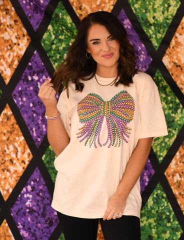 Mardi Gras Beaded Bow Tee/Long Sleeve tee