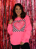 Neon Pink Checkered Heart Sweatshirt